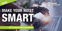 Im Hintergrund tippt eine Hand tippt auf eine Computertastatur, während im Vordergrund der Slogan "MAKE YOUR HOIST SMART" zu sehen ist.