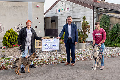 Eine Frau mit Hund, ein Mann mit einem Scheck überreicht 650 EURO, und ein Jugendlicher mit Hund stehen lächelnd vor einem Gebäude mit der Aufschrift "Tierheim".