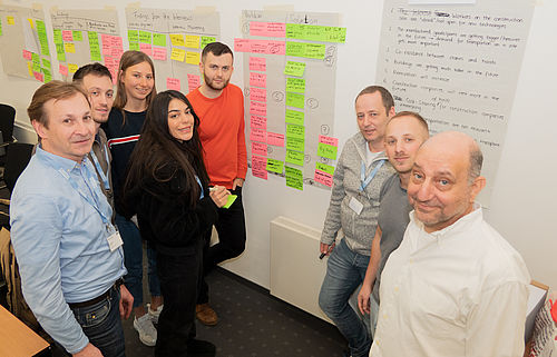 Eine Gruppe von acht Personen steht vor einer Wand mit bunten Notizzetteln und Papier.