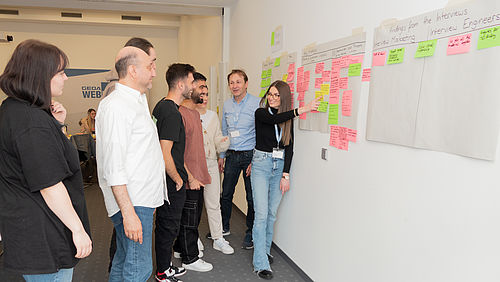 Eine Gruppe von Personen betrachtet und diskutiert bunte Haftnotizen an der Wand in einem Konferenzraum.