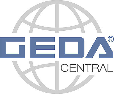 Logo mit dem Schriftzug "GEDA CENTRAL" vor einer stilisierten, grauen Weltkugel.